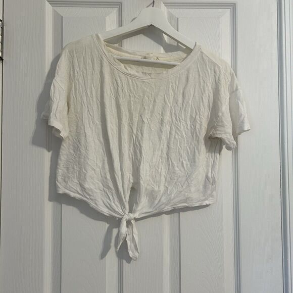 Forever 21 White Tie Front Short Sleeve Crop Top Casual Basic Crew Neck Medium - Picture 1 of 8